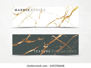 Banner template of black and white marble texture background, with golden foil and linear style, Suitable for luxury products such as poster, greeting cards, headers, website. 