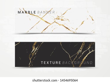 Banner template of black and white marble texture background, with golden foil and linear style, Suitable for luxury products such as poster, greeting cards, headers, website. 