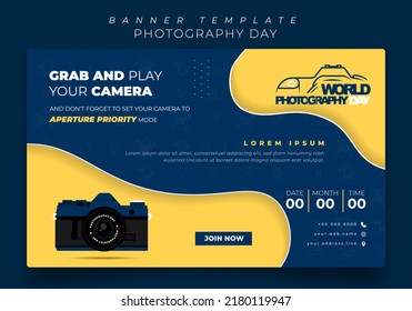 Banner template in blue and yellow background for photography day campaign design