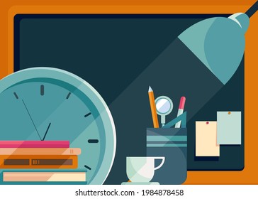 Banner template with board, table lamp and clock. School concept art.