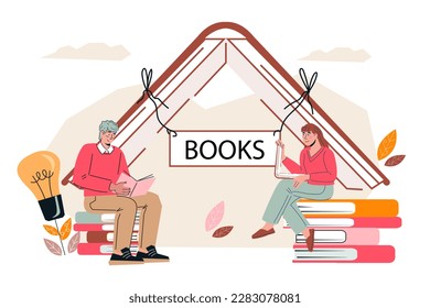 Banner template for books festival, fair or library, educational projects, flat cartoon vector illustration isolated on white background. Education and reading books banner or poster.