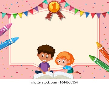 Banner template with boy and girl reading book in background illustration