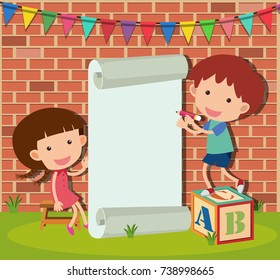 Banner template with boy and girl writing illustration