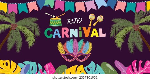 Banner template for Brazilian carnival with garland, monstera leaves, drums, maracas and palm trees on purple background