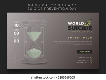 Banner template in brown background with Line art of sand timer for suicide prevention day design