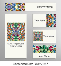 Banner template and Business card collection with decorative abstract ornament. Vector illustration