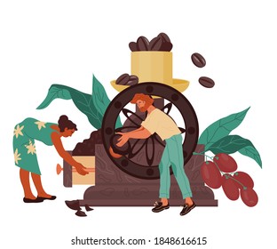 Banner template for cafeteria or coffeehouse with coffee makers tiny people near huge coffee grinder. Design for coffee packaging or menu card of hot drinks, flat vector illustration isolated.