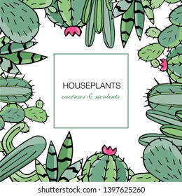 Banner, template for cards with cactuses . Vector image of green cacti frame. Cute vector cactus. Hand drawn cactus. Color illustration with cactuses and succulents for design. Floral elements