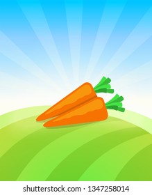 Banner template with Carrot - Vegetables trade poster. Ads Placard with copy space on top and bottom area. Symbol of ripe vegetable under blue sky. Colorful vector illustration.