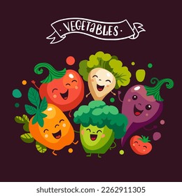 Banner template with Cartoon vegetables characters. Vegan Friends forever. Comic mascots group. You can use in the menu, in the shop, in the bar, the card or stickers. Vector flat illustration.