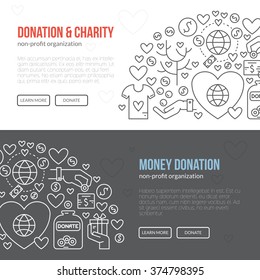 Banner template with charity and donation icons and symbols. Line style vector illustration. Charity work image or web site design for non-profit.