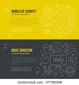 Banner template with charity and donation icons and symbols. Line style vector illustration. Charity work hro image or web site design for non-profit.