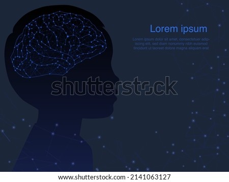 Banner template with child profile and brain in futuristic style. Vector illustration