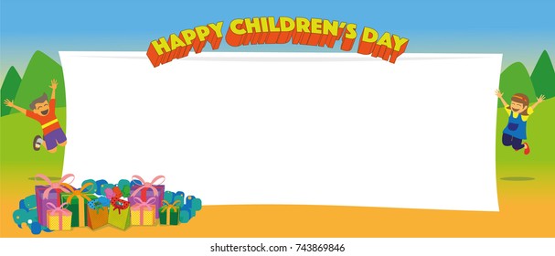 Banner template for children's day 14 November - gift boxes, jumping kids and landscape background