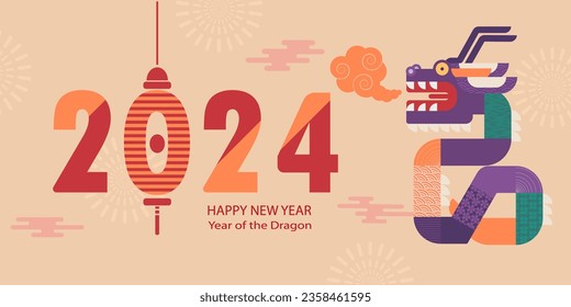 Banner template for Chinese New Year with dragon and traditional patterns and elements. Minimalistic style. Translation from Chinese - Happy New Year, dragon symbol. Vector illustration