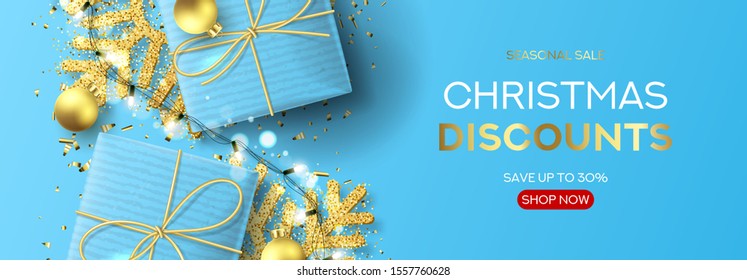 Banner template for Christmas sale. Holiday background with blue gift boxes, light garlands, Christmas golden balls, confetti and snowflakes. Vector illustration. Seasonal discount.