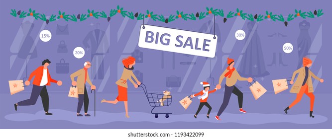 Banner template for Christmas sale. People running after shopping, tearing off discount coupons from a Xmas tree. Vector illustration eps 10