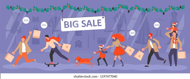 Banner template for Christmas sale. People running after shopping, tearing off discount coupons from a Xmas tree. Vector illustration eps 10