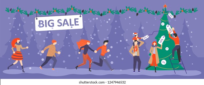 Banner template for Christmas sale. People running after shopping, tearing off discount coupons from a Xmas tree. Vector illustration eps 10