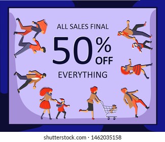 Banner template for Christmas sale. People running after shopping. Flat Art Vector illustration