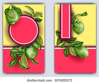 Banner template with citrus branches  of lime tree.Citrus fruits in conceptual bright colors. There are 2 sides of a banner template