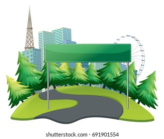 Plantilla de banner con la ilustración de ciudad en segundo plano