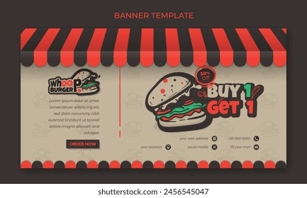 Banner template with classic canopy in cream background and gaping burger in cartoon design for fast food advertising