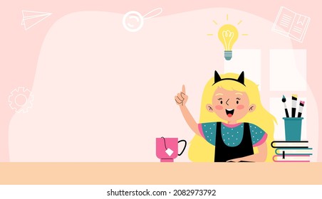 Plantilla de banner con una chica inteligente de escuela inteligente que tiene ideas y soluciones y espacio de copia para texto, ilustración vectorial de dibujos animados planos. afiche con un chico estudiando bien.