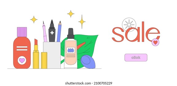 Banner template with click button with still life with beauty products. Makeup and self care concept. Online shopping. Korean cosmetics. Daily beauty routine. Season sale. Vector illustration.