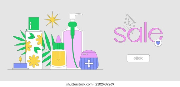 Plantilla de banner con botón de clic con vida fija con productos de belleza. Concepto de maquillaje y cuidado de la piel. Compras en línea. Cosméticos coreanos. rutina diaria de belleza. Venta de temporada. Ilustración vectorial.