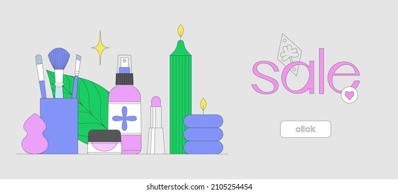 Banner template with click button. Still life with beauty products. Makeup and self care concept. Online shopping. Korean cosmetics. Daily beauty routine. Season sale. Vector illustration.