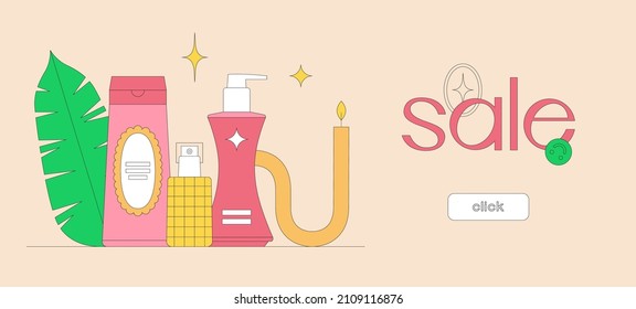 Banner template with click button. Still life with beauty products. Makeup and skin care concept. Online shopping. Korean cosmetics. Daily beauty routine. Season sale. Vector illustration.