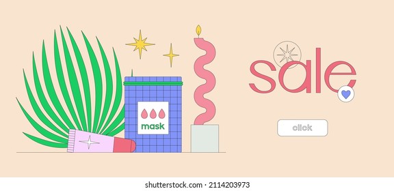 Plantilla de banner con botón de clic. Todavía la vida con productos de belleza. Máscara de hoja, bálsamo labial. Concepto de cuidado de la piel. Compras en línea. Cosméticos coreanos. rutina diaria de belleza. Venta de temporada. Ilustración vectorial.