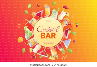 Um modelo de banner para um cocktail bar. Coquetel mojito, nascer do sol de tequila, moda antiga, Manhattan, pina colada, margarita, mai tai, cosmopolitan. Ilustração vetorial para cartazes, banners, anúncios