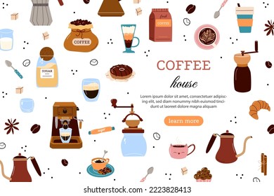 Banner template with coffee makers, grinders, cups and desserts on white background. Cute cartoon style. Vector illustration for coffee shop, coffeehouse, cafe, website background