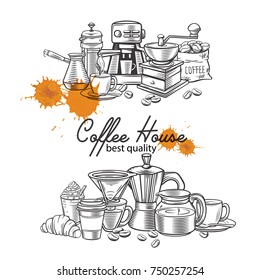 Banner template coffee page design with vector sketch cups, hot drinks, French press, brewer for label menu cafe and coffeehouse.