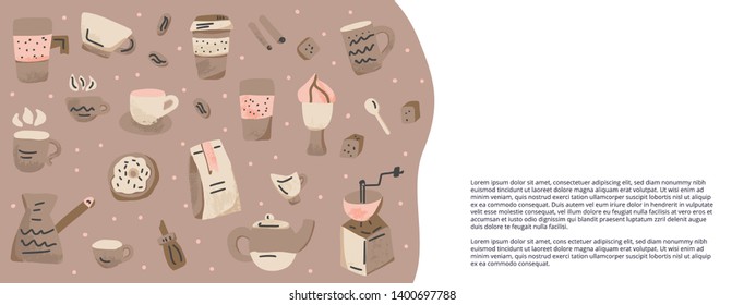 Banner template of coffee theme. Collection of in doodle style.  Background with space for text. 