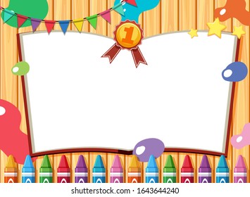 Banner template with color crayon on wooden background illustration