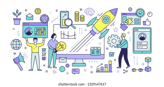 Banner template with computer display, diagrams, charts, graphs, flying spaceship and people working together under digital startup project launch. Modern vector illustration in line art style.