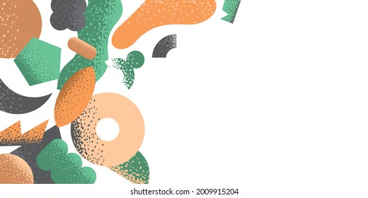 Banner template with contemporary abstract elements isolated on white. Background with geometric shapes and symbols in pastel colors for invitations, postcards, presentations. Vector illustration