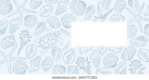 Banner template with contour pattern of shells in blue color. Vector horizontal background.