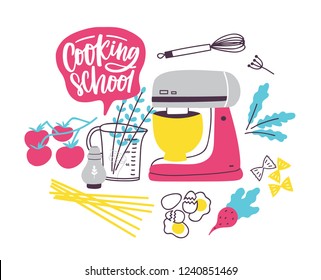 Banner template with cookware or kitchen utensils for food preparation. Colorful vector illustration in modern flat style for cooking school, culinary classes or lessons advertisement, promotion.