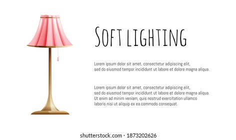 Banner template with cosy floor lamp with a soft pink lampshade. Cartoon style, vector illustration on white