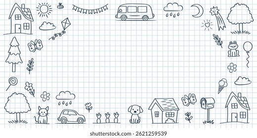 Banner template. Cute doodle children's drawings on a notebook sheet. Vector background for your text.