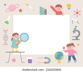 Banner Template With Cute Kids And Science Experiment Tools. Flat Design Style Vector Illustration.