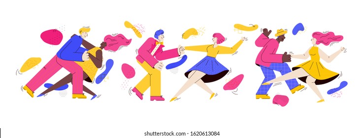 Banner template with dancing couples in trendy cartoon comic style, vector illustration isolated on white background. Dance party or school advertising backdrop.