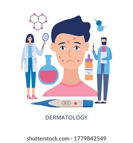 Banner template for dermatology specialist and skin medical exam with cartoon characters of dermatologists doctors, flat vector illustration isolated on white background.