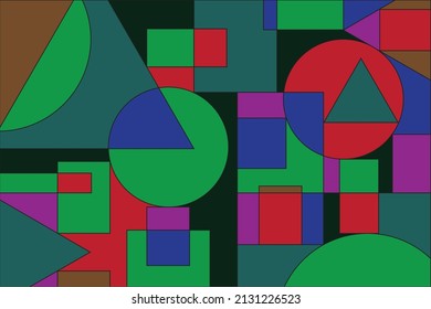 Banner template design. Abstract Bauhaus geometric pattern background, vector circle, triangle and square lines color art design. 