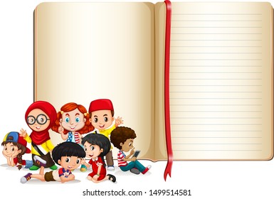 Banner template design with boys and girls illustration