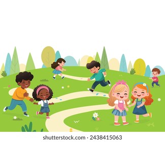 Diseño de plantilla de banner con niños de diferentes nacionalidades. Ilustración de vector